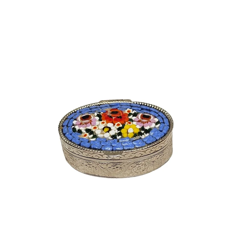 Vintage Flower Micro Mosaic Trinket‎ Box Pill Box Blue Floral